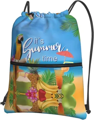 Summer Parrot Pineapple Bird Print Nylon Drawstring Backpack â€“ Adjustable Lightweight Gym Bag for Sports, Travel, Camping & Hiking