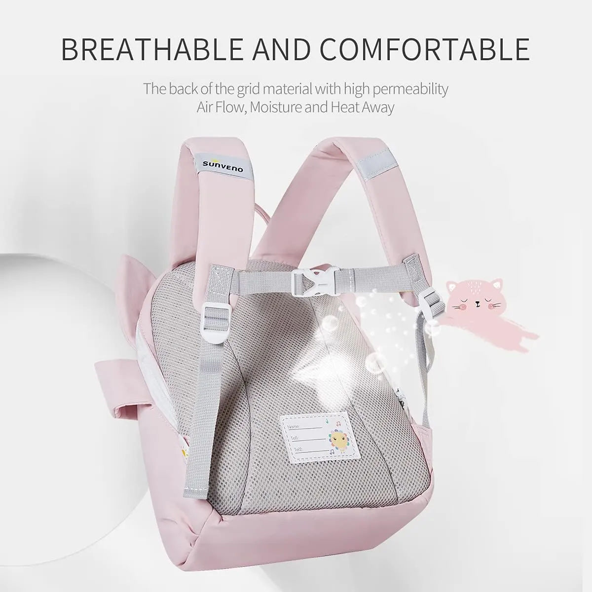 SUNVENO Children's Backpack Kindergarten Shoulder Bag For Kids 2-6 Years Carton Design, Cute Pet Series, Waterproof, Pink