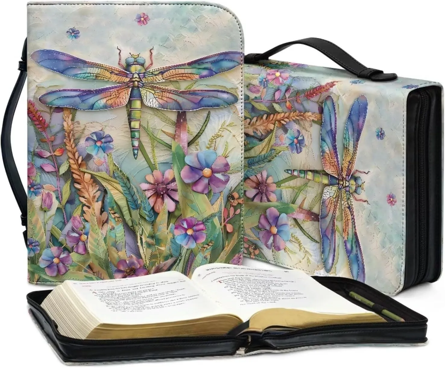 Talayituse Dragonfly Daisy Print Faux Leather Bible Cover for Men Women Lightweight Christian Bible Case with Handle Waterproof Book Carrying Case Bible Protector Bible Tote Bag Handbag, Size L