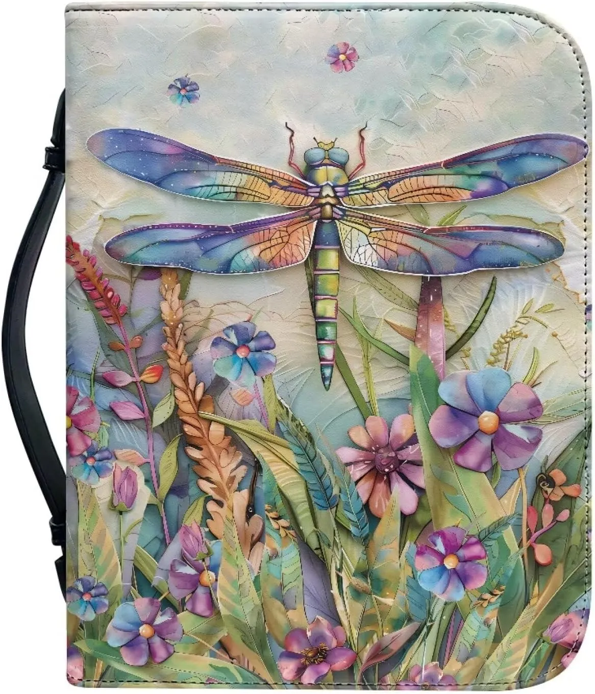 Talayituse Dragonfly Daisy Print Faux Leather Bible Cover for Men Women Lightweight Christian Bible Case with Handle Waterproof Book Carrying Case Bible Protector Bible Tote Bag Handbag, Size L