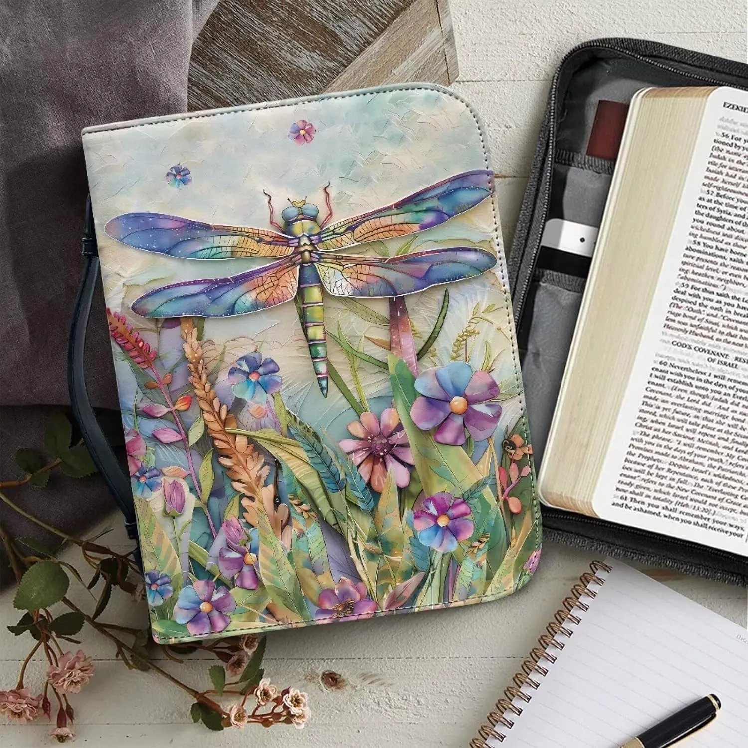 Talayituse Dragonfly Daisy Print Faux Leather Bible Cover for Men Women Lightweight Christian Bible Case with Handle Waterproof Book Carrying Case Bible Protector Bible Tote Bag Handbag, Size L