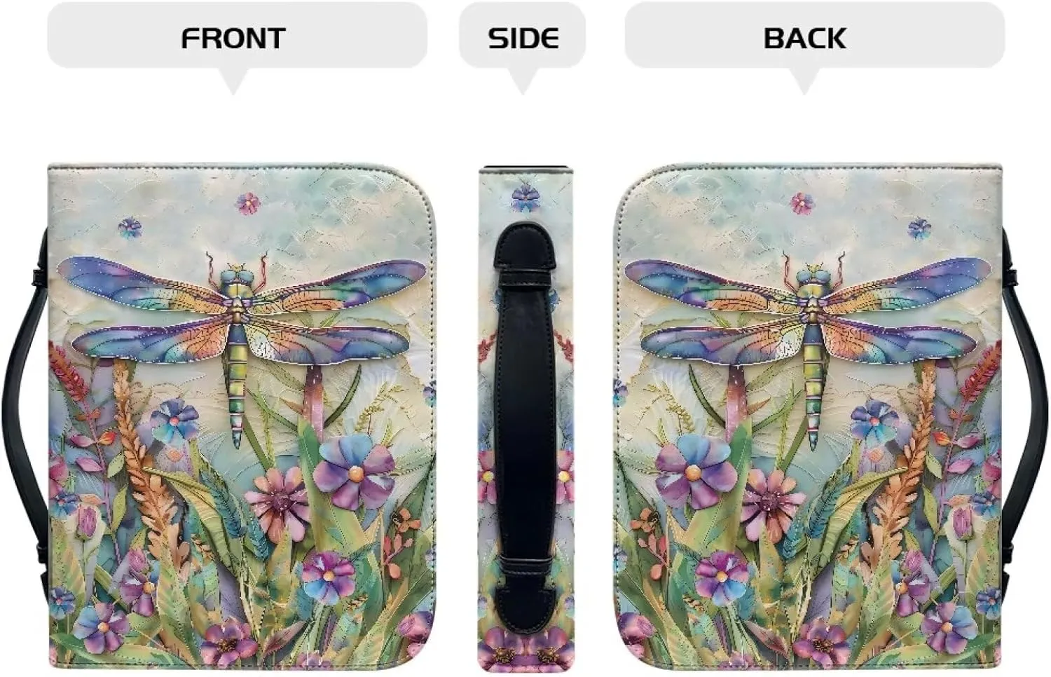 Talayituse Dragonfly Daisy Print Faux Leather Bible Cover for Men Women Lightweight Christian Bible Case with Handle Waterproof Book Carrying Case Bible Protector Bible Tote Bag Handbag, Size L