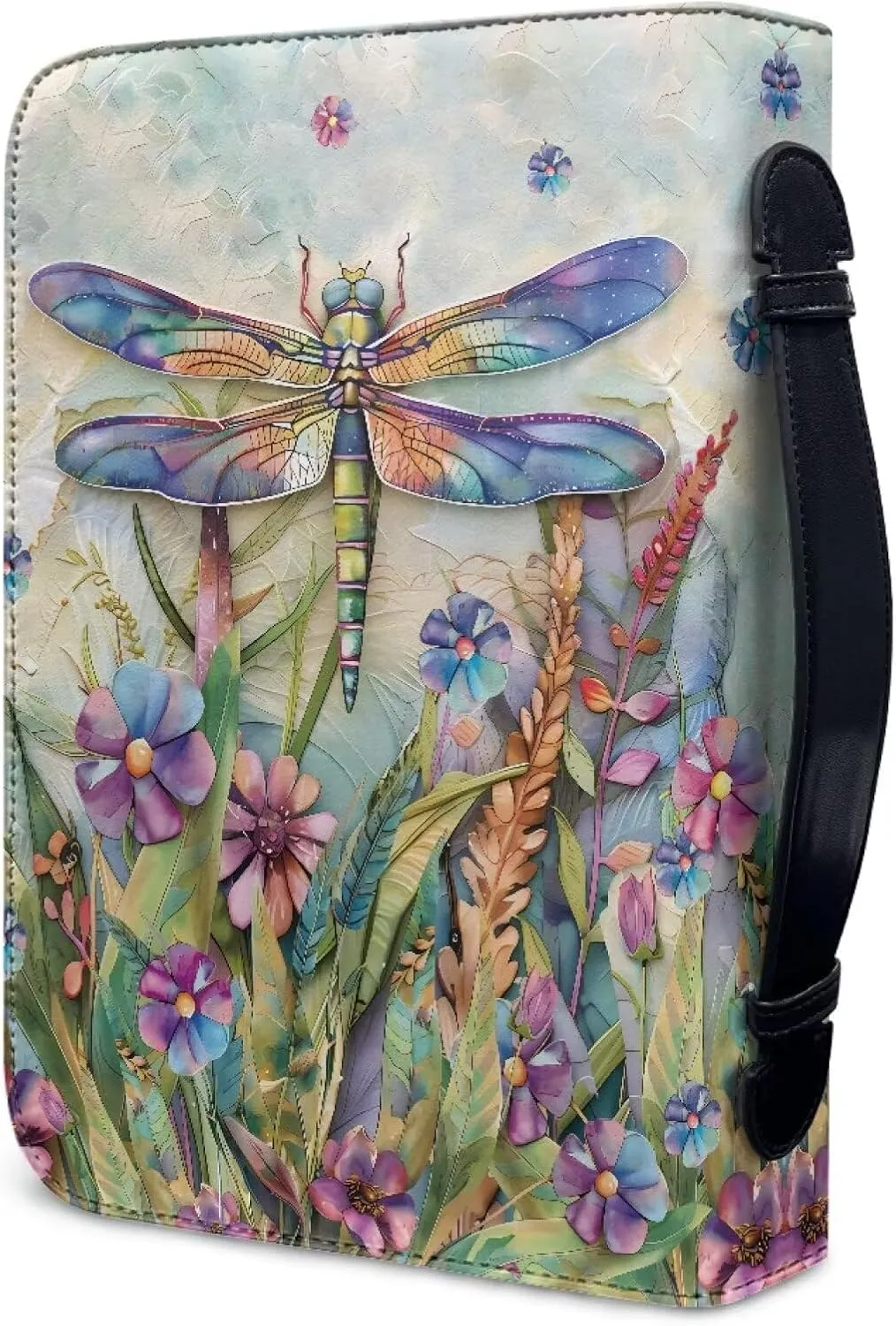 Talayituse Dragonfly Daisy Print Faux Leather Bible Cover for Men Women Lightweight Christian Bible Case with Handle Waterproof Book Carrying Case Bible Protector Bible Tote Bag Handbag, Size L