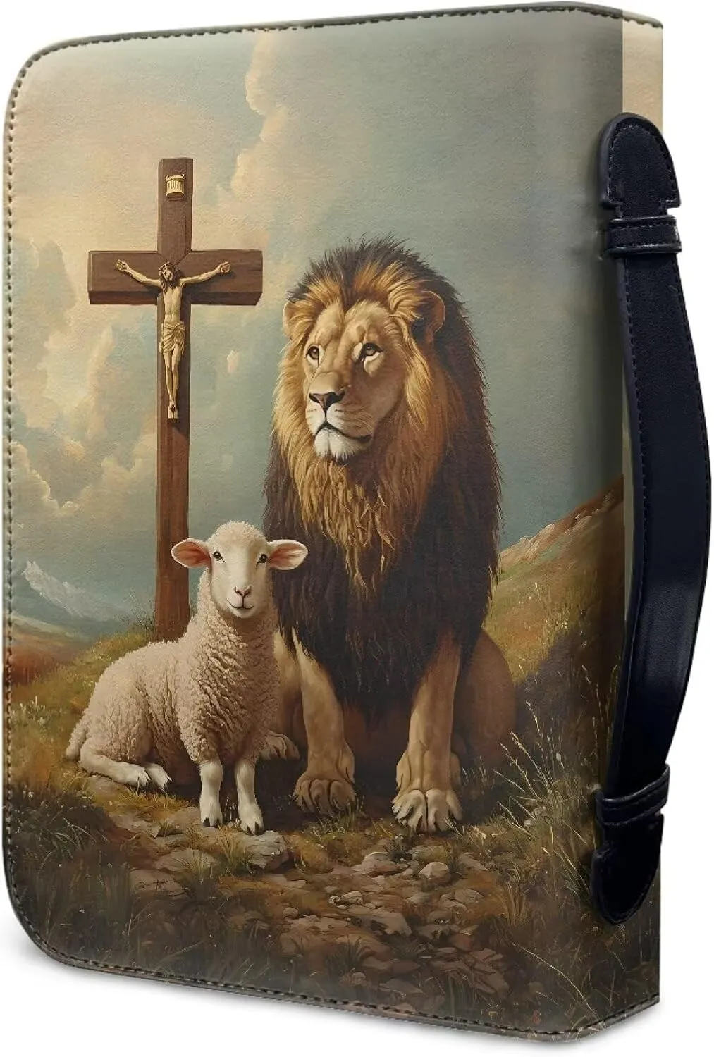 Talayituse Lion Sheep Cross Cloud Print Faux Leather Bible Cover for Men Women, Christian Zipper Bible Case with Handle Carrying Book Cover Study Bible Tote Bag, 2XL