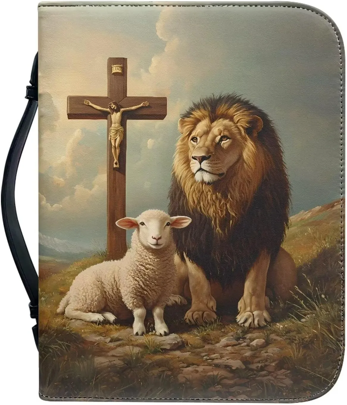 Talayituse Lion Sheep Cross Cloud Print Faux Leather Bible Cover for Men Women, Christian Zipper Bible Case with Handle Carrying Book Cover Study Bible Tote Bag, 2XL