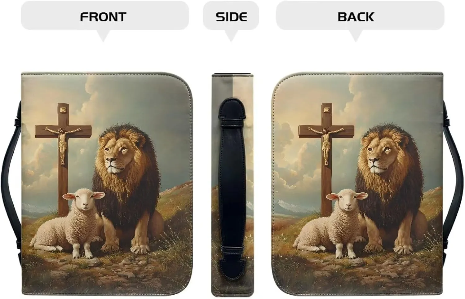 Talayituse Lion Sheep Cross Cloud Print Faux Leather Bible Cover for Men Women, Christian Zipper Bible Case with Handle Carrying Book Cover Study Bible Tote Bag, 2XL