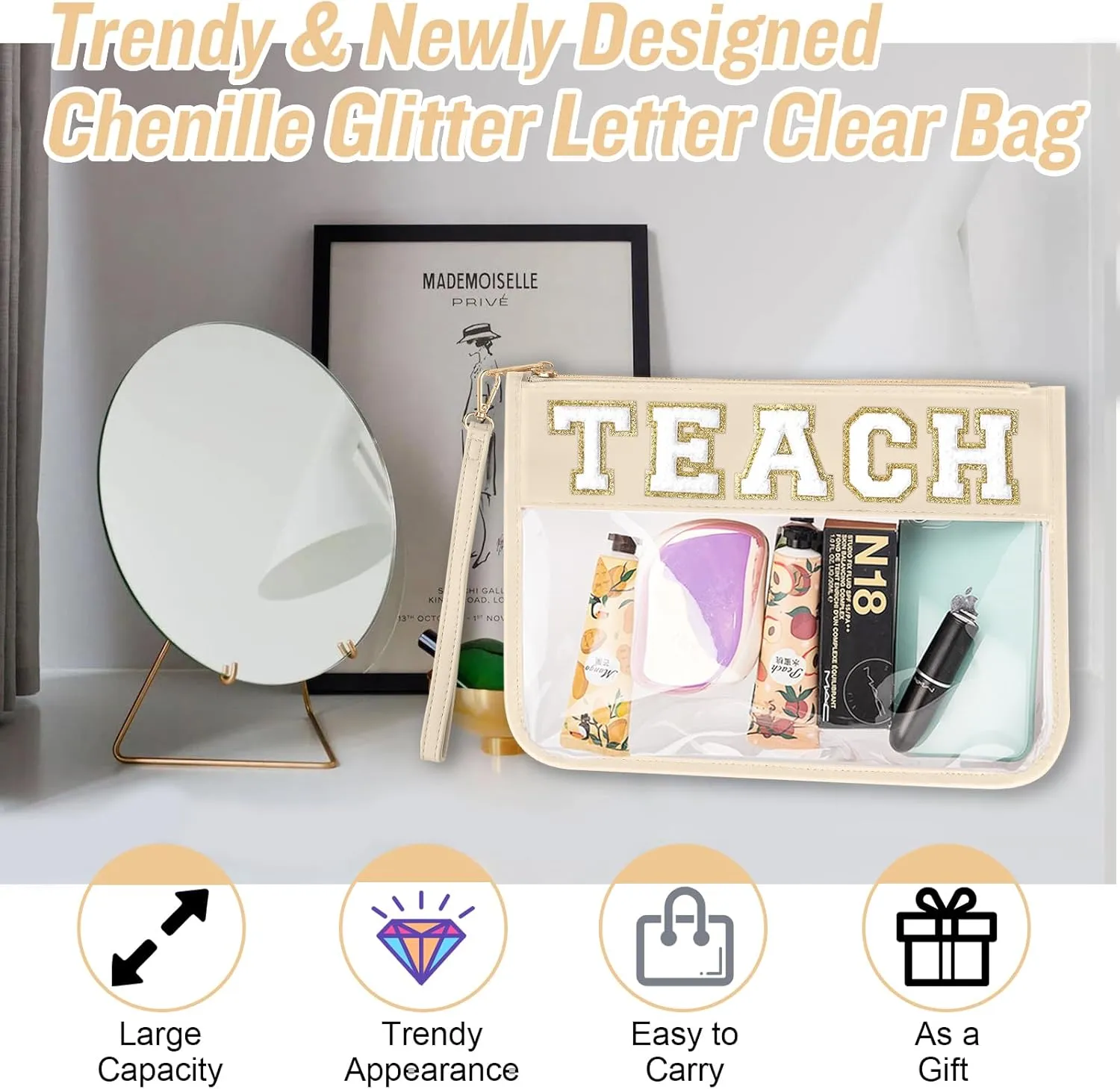Teacher Appreciation Gifts TEACH Chenille Letter Clear Makeup Bag Pouch, Monogram PVC Clear Zipper Pouch with Wristlet Travel Cosmetic Bag Graduation Retirement Teacher Gifts for Women(TEACH-Beige)