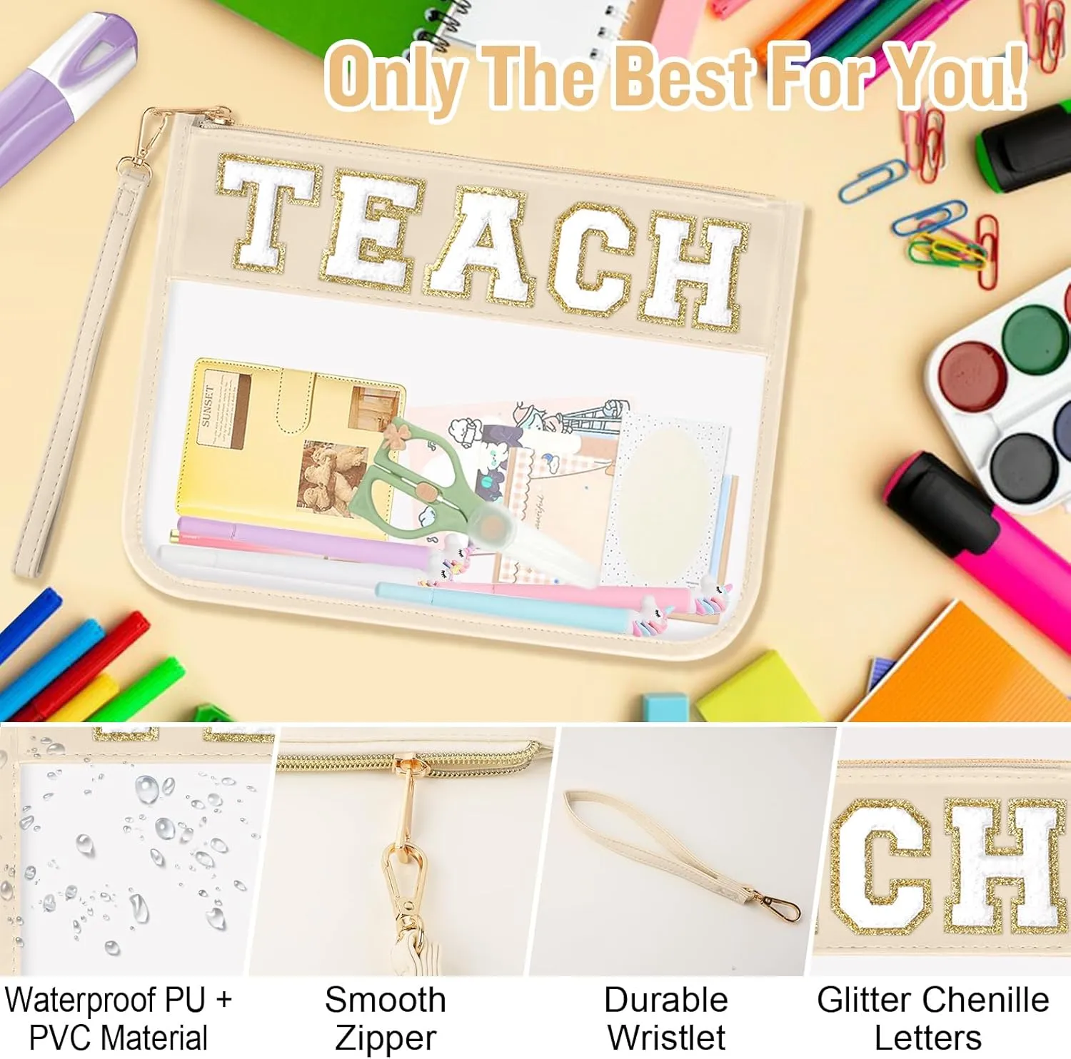 Teacher Appreciation Gifts TEACH Chenille Letter Clear Makeup Bag Pouch, Monogram PVC Clear Zipper Pouch with Wristlet Travel Cosmetic Bag Graduation Retirement Teacher Gifts for Women(TEACH-Beige)