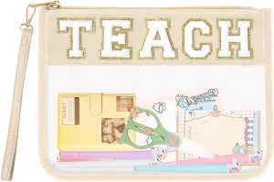 Teacher Appreciation Gifts TEACH Chenille Letter Clear Makeup Bag Pouch, Monogram PVC Clear Zipper Pouch with Wristlet Travel Cosmetic Bag Graduation Retirement Teacher Gifts for Women(TEACH-Beige)