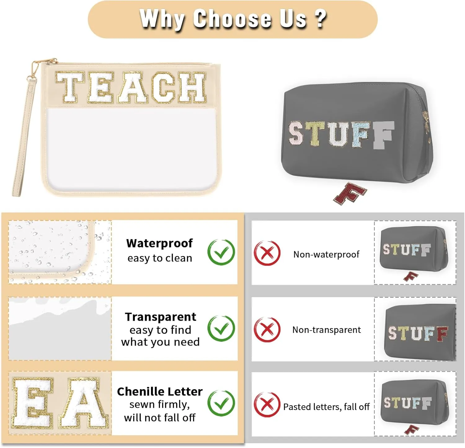 Teacher Appreciation Gifts TEACH Chenille Letter Clear Makeup Bag Pouch, Monogram PVC Clear Zipper Pouch with Wristlet Travel Cosmetic Bag Graduation Retirement Teacher Gifts for Women(TEACH-Beige)
