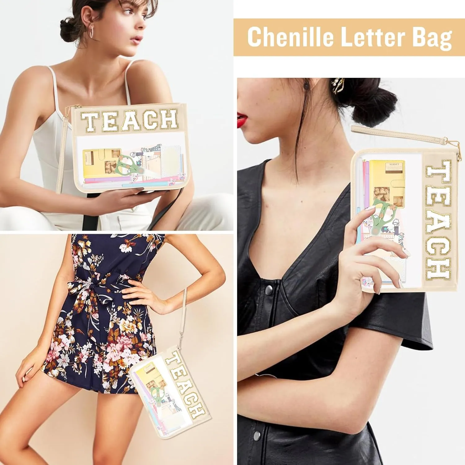 Teacher Appreciation Gifts TEACH Chenille Letter Clear Makeup Bag Pouch, Monogram PVC Clear Zipper Pouch with Wristlet Travel Cosmetic Bag Graduation Retirement Teacher Gifts for Women(TEACH-Beige)