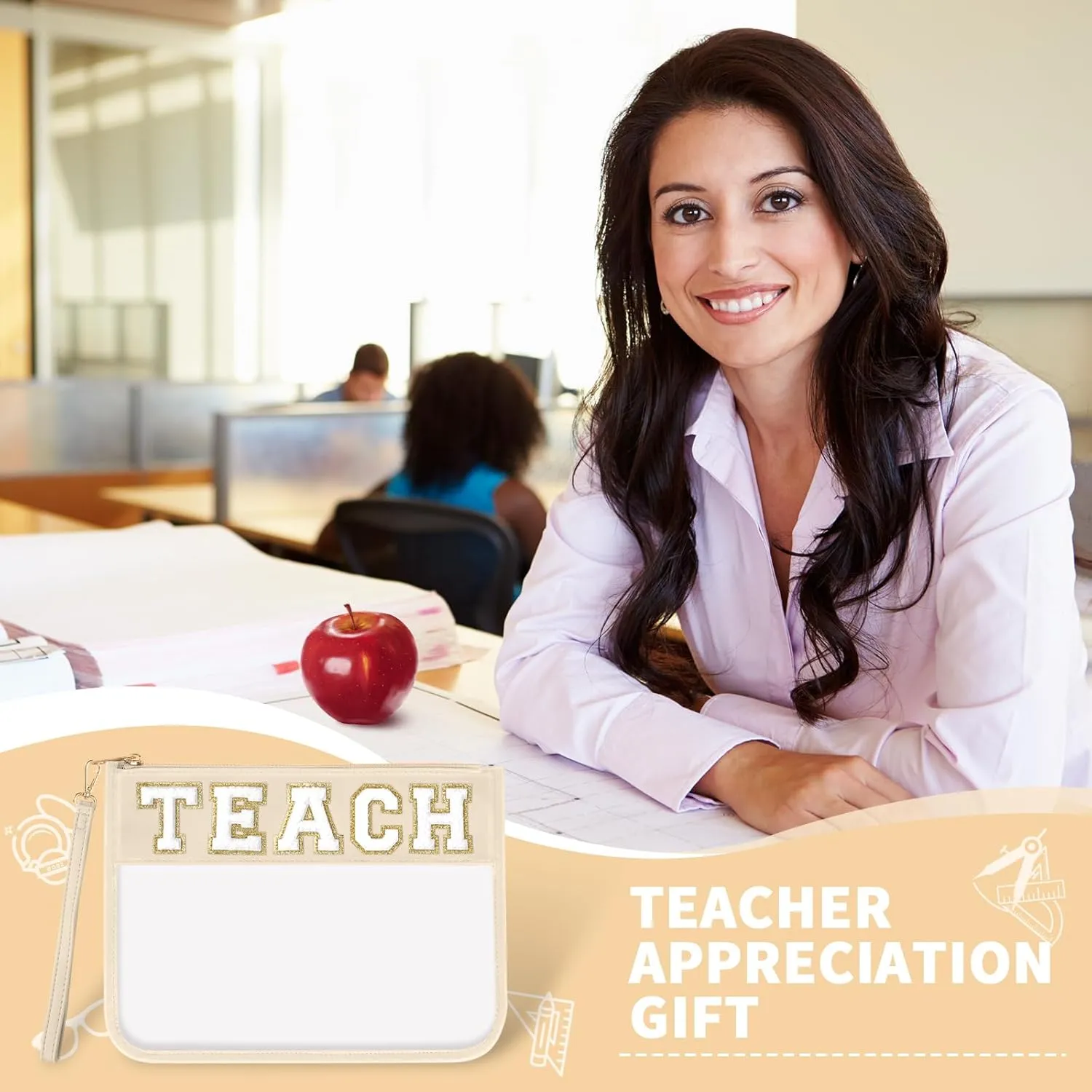 Teacher Appreciation Gifts TEACH Chenille Letter Clear Makeup Bag Pouch, Monogram PVC Clear Zipper Pouch with Wristlet Travel Cosmetic Bag Graduation Retirement Teacher Gifts for Women(TEACH-Beige)