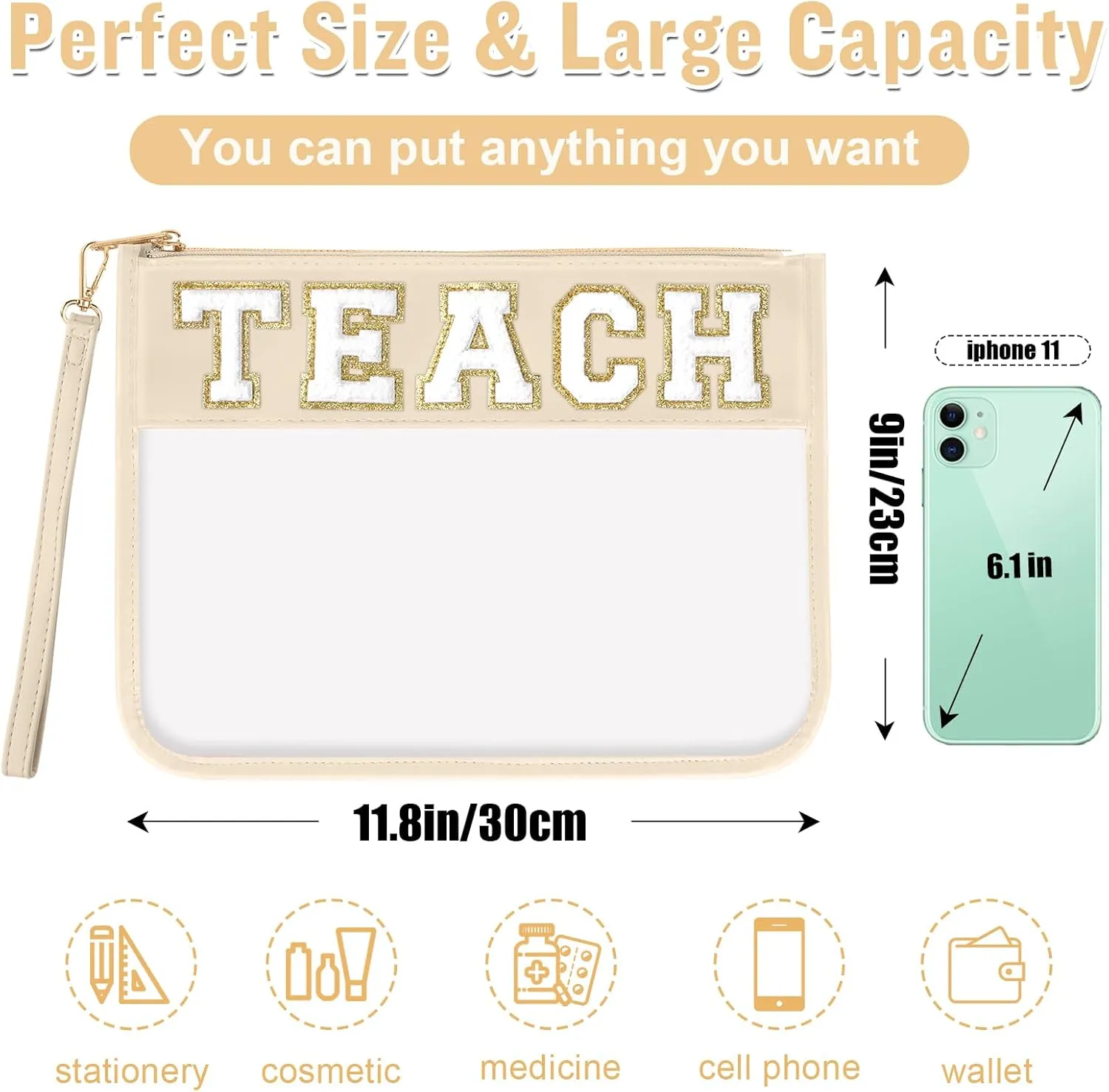 Teacher Appreciation Gifts TEACH Chenille Letter Clear Makeup Bag Pouch, Monogram PVC Clear Zipper Pouch with Wristlet Travel Cosmetic Bag Graduation Retirement Teacher Gifts for Women(TEACH-Beige)