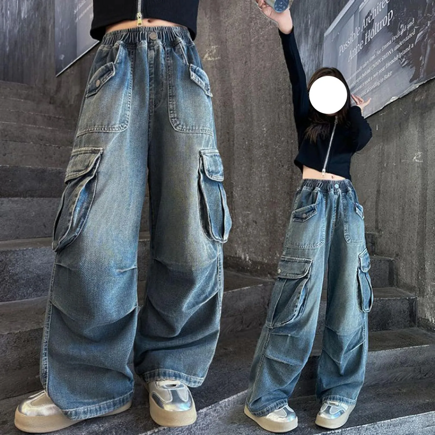 Teens Girls Wide Leg Pants Baggy Jeans High Elastic Waist Denim Cargo Pants Y2K Streetwear Distressed Boyfriend Jeans