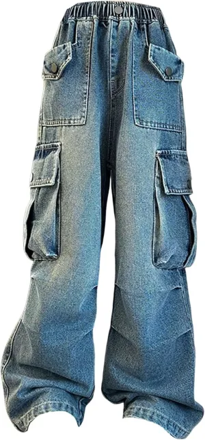 Teens Girls Wide Leg Pants Baggy Jeans High Elastic Waist Denim Cargo Pants Y2K Streetwear Distressed Boyfriend Jeans