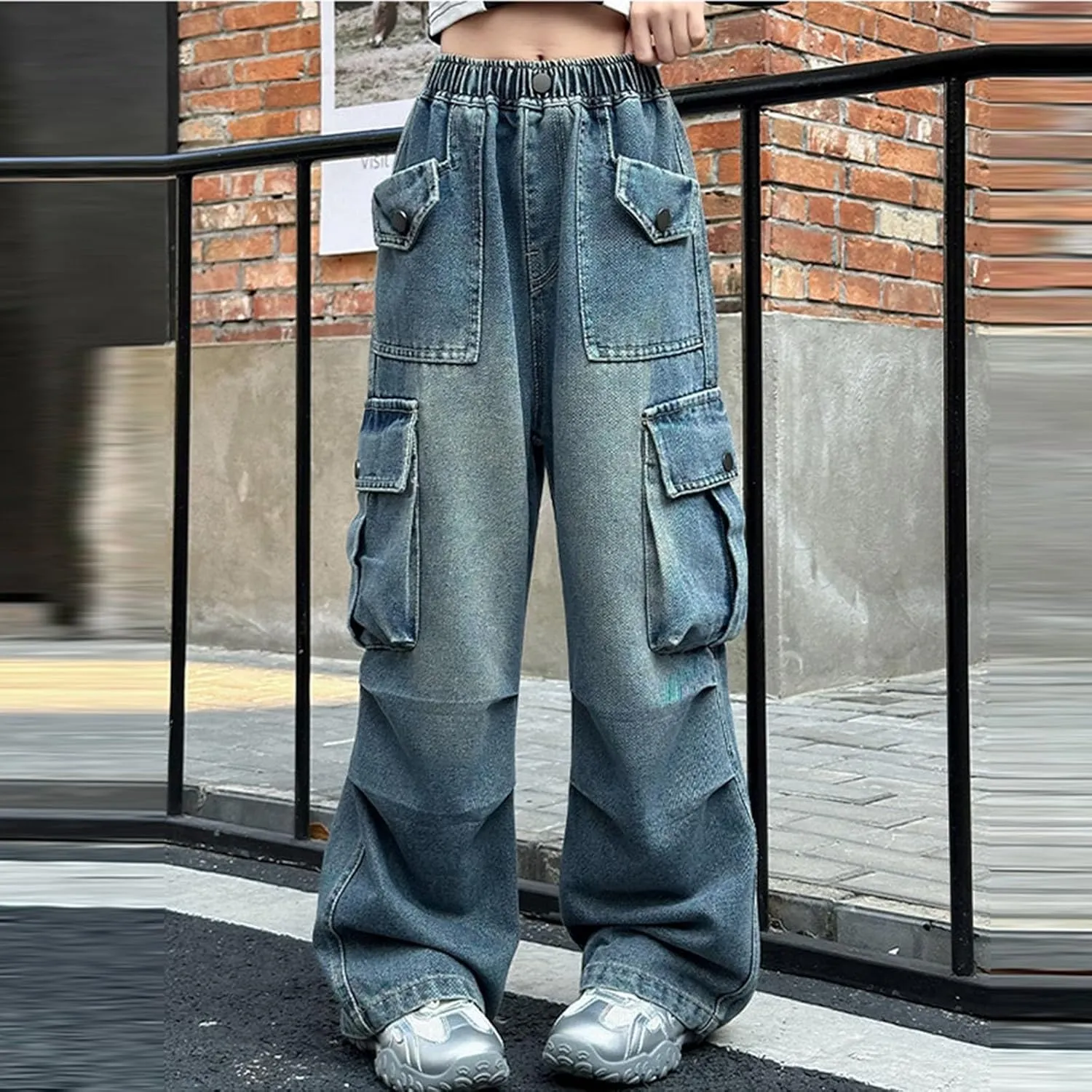 Teens Girls Wide Leg Pants Baggy Jeans High Elastic Waist Denim Cargo Pants Y2K Streetwear Distressed Boyfriend Jeans