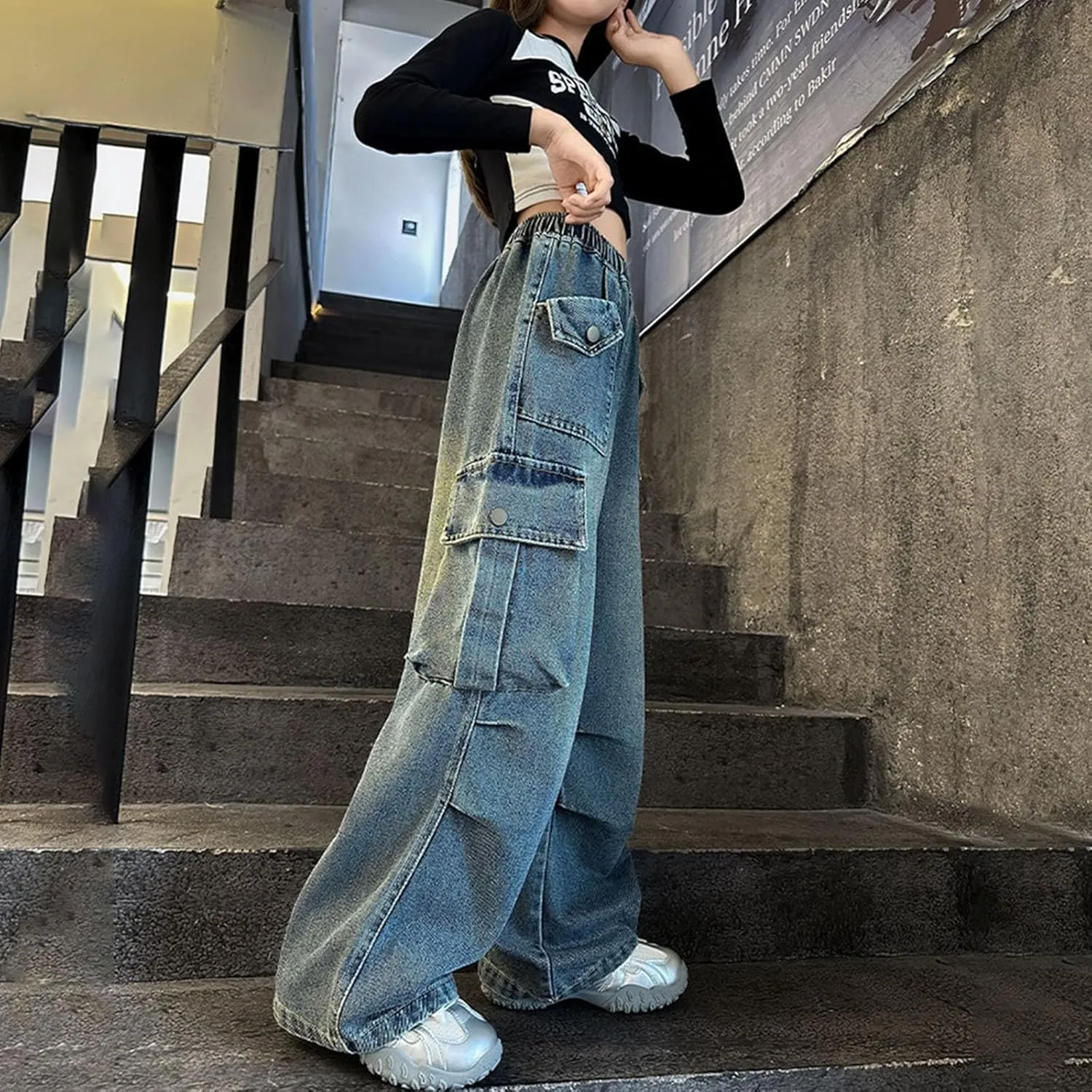 Teens Girls Wide Leg Pants Baggy Jeans High Elastic Waist Denim Cargo Pants Y2K Streetwear Distressed Boyfriend Jeans
