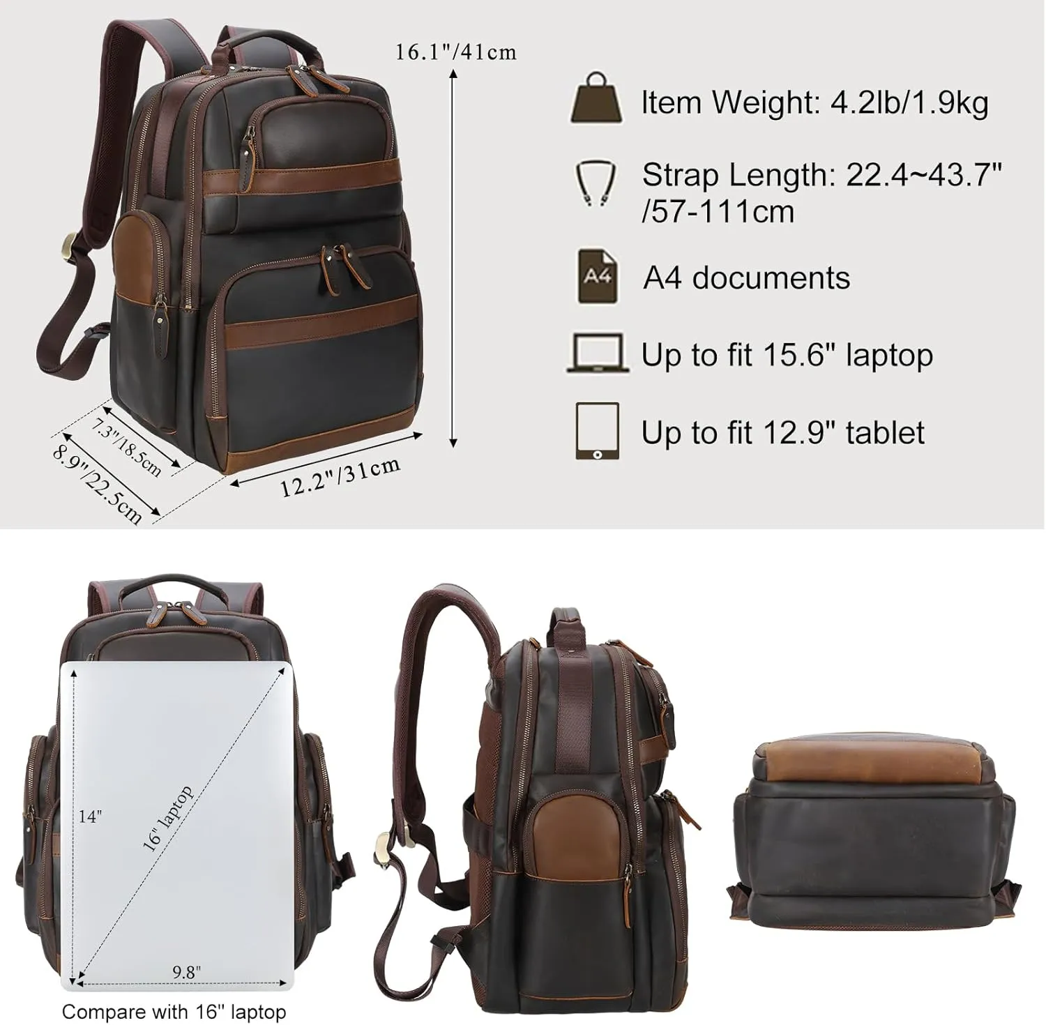 TIDING Men's Vintage Leather Backpack 15.6" Laptop Bag Large Capacity Business Travel Hiking Shoulder Daypacks