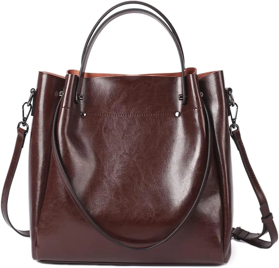 Top Handle Tote Bag Oil Wax Leather Shoulder Bag Genuine Leather Handbag Retro Satchel Hobo Purse