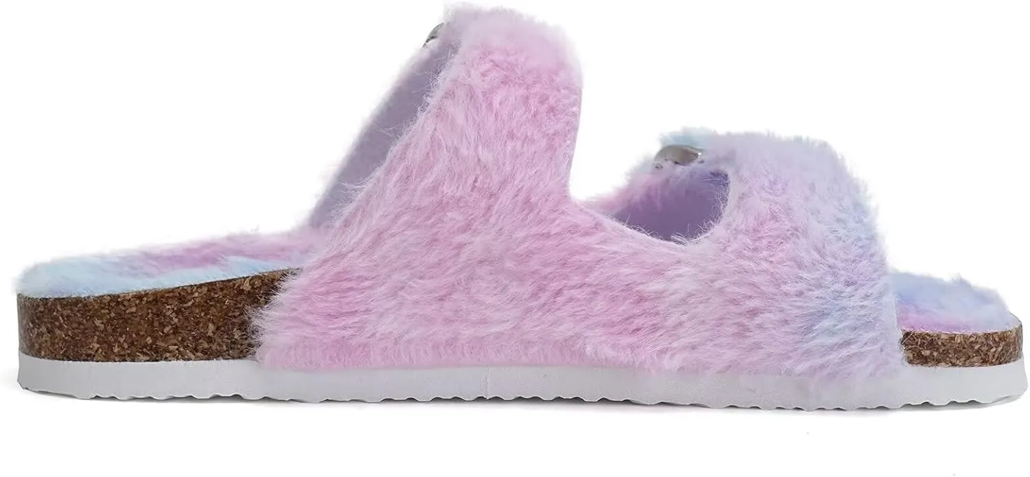 Torotto Kids Open Toe Slippers Boys Girls Fluffy Furry Warm Cork Slide Sandals with Adjustable Buckle for Indoor & Outdoor