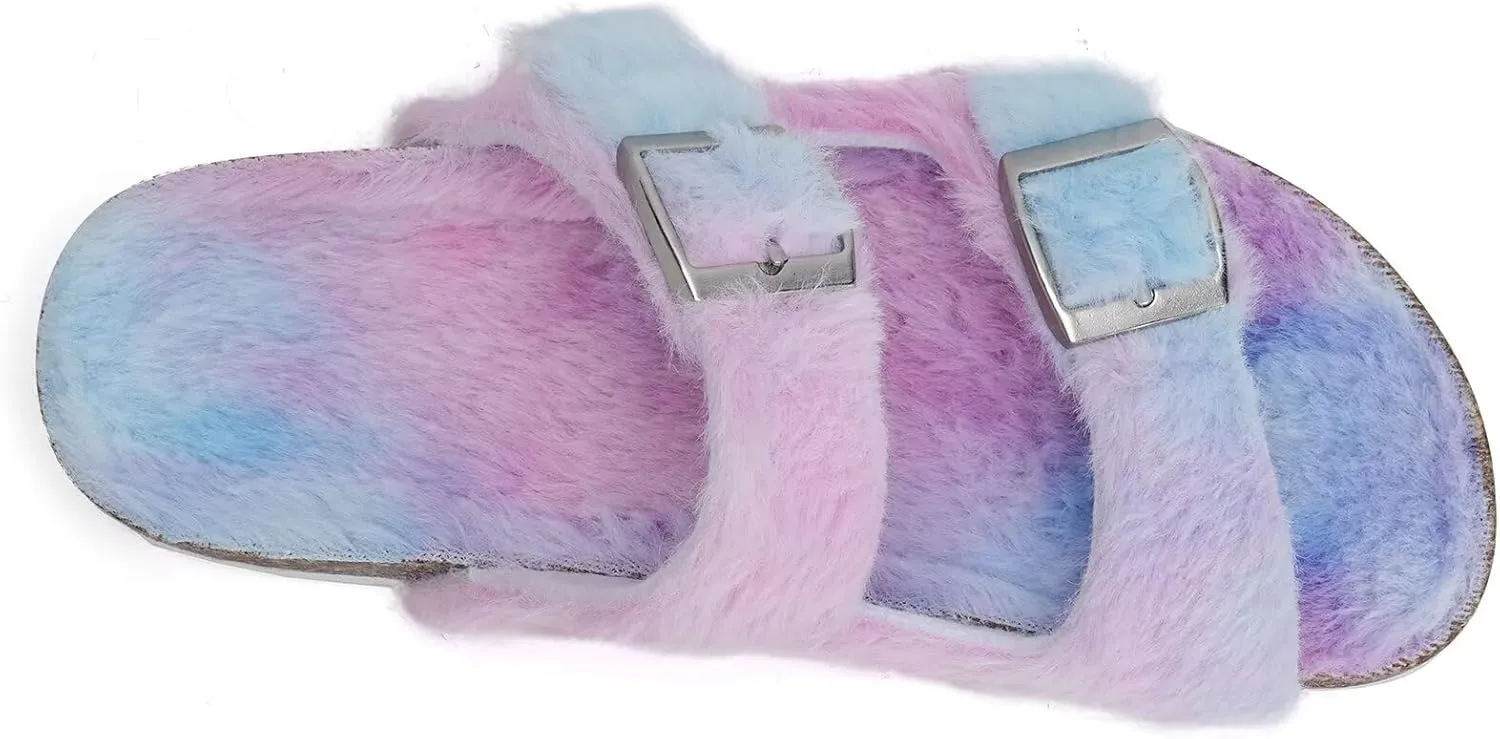 Torotto Kids Open Toe Slippers Boys Girls Fluffy Furry Warm Cork Slide Sandals with Adjustable Buckle for Indoor & Outdoor