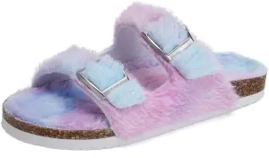 Torotto Kids Open Toe Slippers Boys Girls Fluffy Furry Warm Cork Slide Sandals with Adjustable Buckle for Indoor & Outdoor