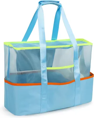 Tote Beach Bag with Zipper, Large Foldable Mesh Travel Bag for Women, Waterproof Sandproof Cruise Utility Work Vacation