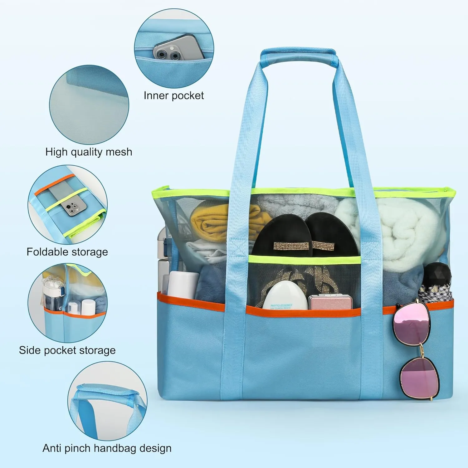 Tote Beach Bag with Zipper, Large Foldable Mesh Travel Bag for Women, Waterproof Sandproof Cruise Utility Work Vacation