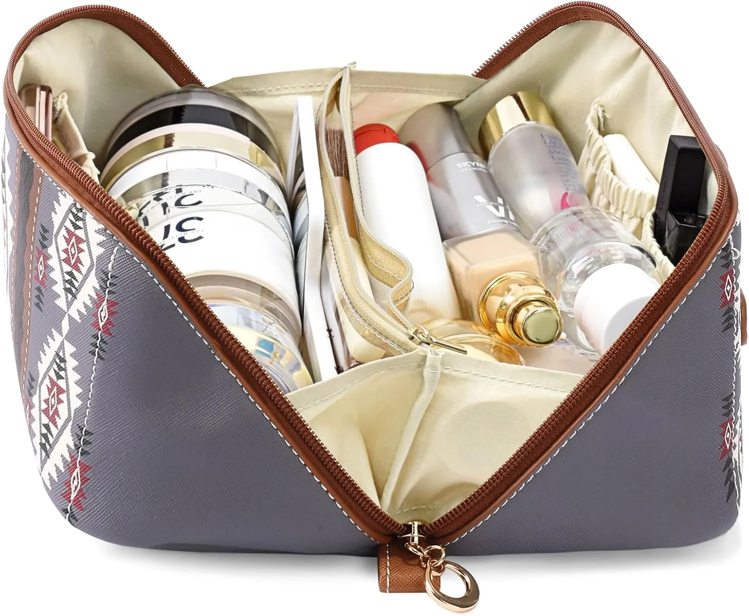 Travel Makeup Bag for women, Large Capacity Cosmetic Organizer Bag Leather Toiletry Bag for Women Open Flat Portable Pouch with Divider and Handle