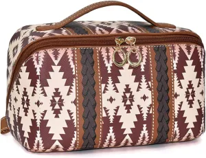 Travel Makeup Bag for women, Large Capacity Cosmetic Organizer Bag Leather Toiletry Bag for Women Open Flat Portable Pouch with Divider and Handle