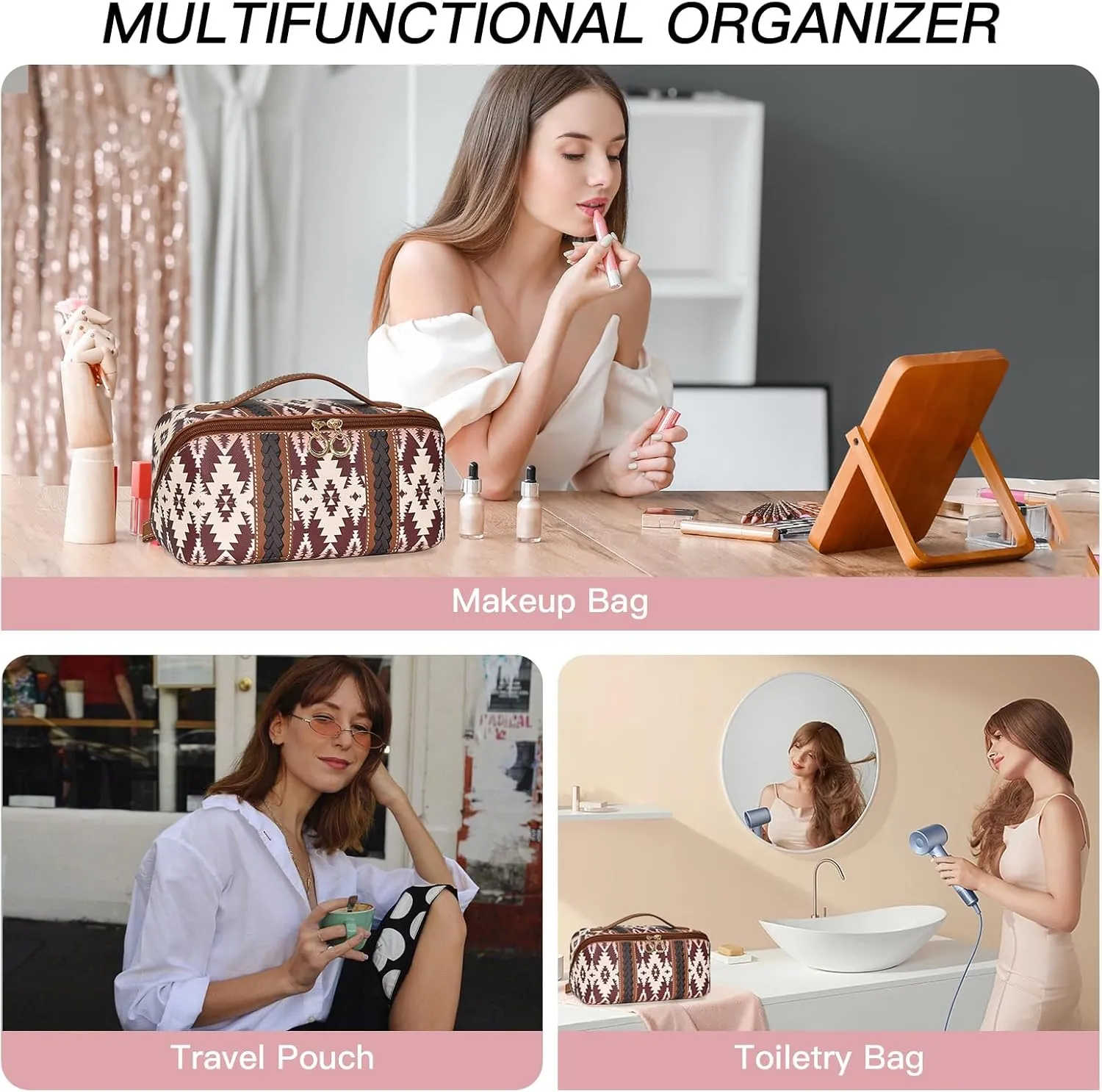 Travel Makeup Bag for women, Large Capacity Cosmetic Organizer Bag Leather Toiletry Bag for Women Open Flat Portable Pouch with Divider and Handle