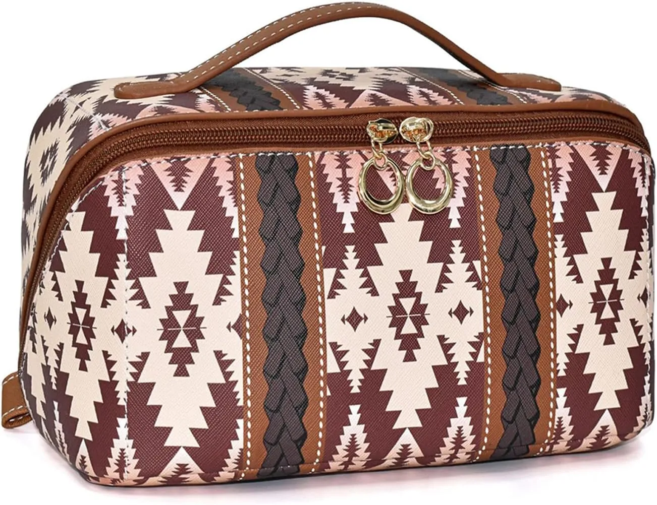 Travel Makeup Bag for women, Large Capacity Cosmetic Organizer Bag Leather Toiletry Bag for Women Open Flat Portable Pouch with Divider and Handle