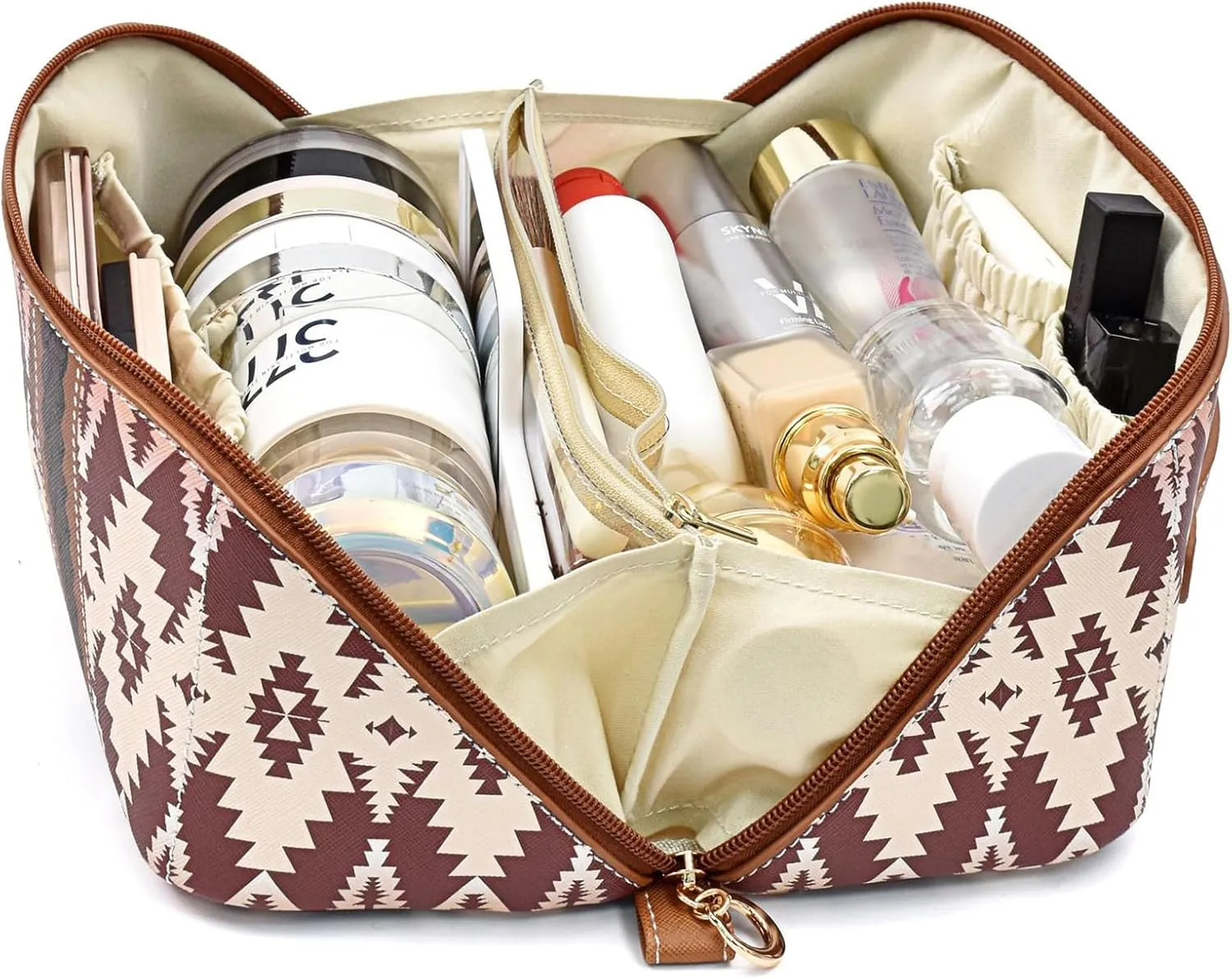 Travel Makeup Bag for women, Large Capacity Cosmetic Organizer Bag Leather Toiletry Bag for Women Open Flat Portable Pouch with Divider and Handle
