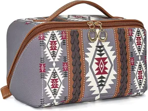 Travel Makeup Bag for women, Large Capacity Cosmetic Organizer Bag Leather Toiletry Bag for Women Open Flat Portable Pouch with Divider and Handle