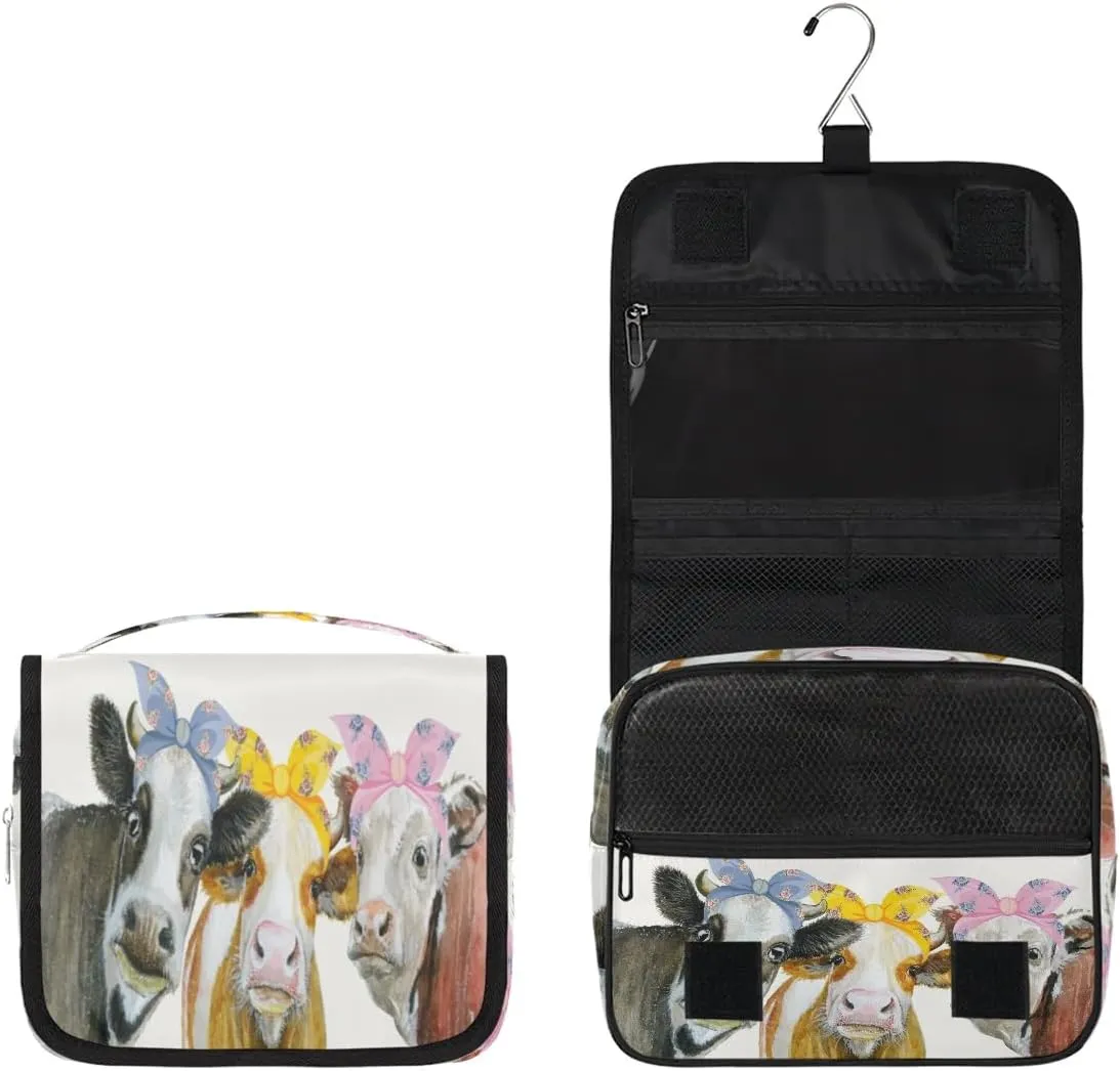 Travel Toiletry Bag for Women Men with Hanging Hook Cute Beige Farm Cow Animal Pattern Makeup Cosmetic Bag Organizer Travel Bag for Toiletries Essentials Accessories, Large Size