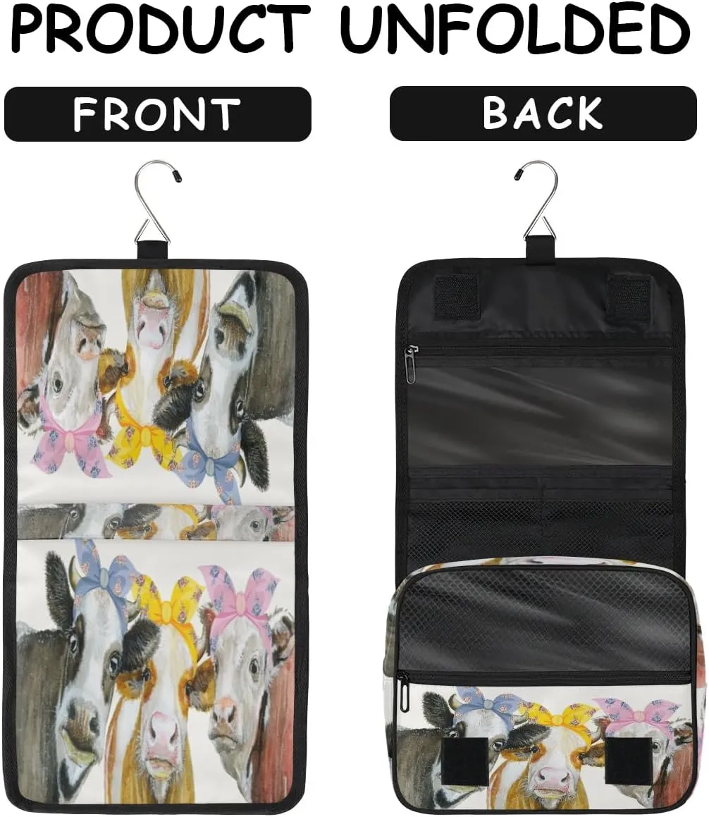 Travel Toiletry Bag for Women Men with Hanging Hook Cute Beige Farm Cow Animal Pattern Makeup Cosmetic Bag Organizer Travel Bag for Toiletries Essentials Accessories, Large Size