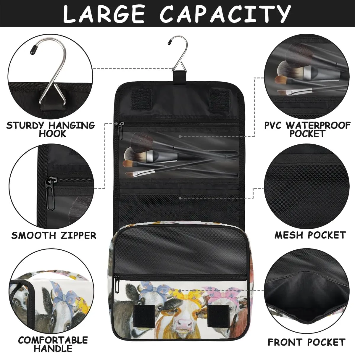 Travel Toiletry Bag for Women Men with Hanging Hook Cute Beige Farm Cow Animal Pattern Makeup Cosmetic Bag Organizer Travel Bag for Toiletries Essentials Accessories, Large Size