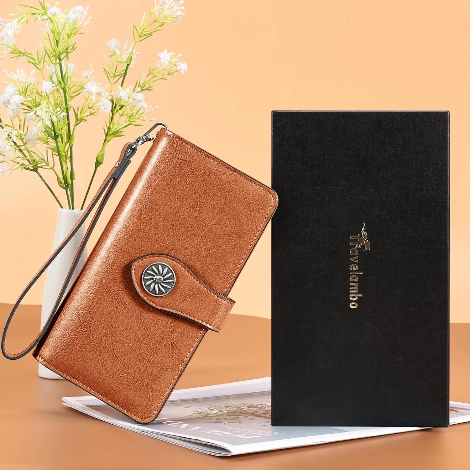 Travelambo Women's Wallet RFID Blocking Credit Card Holder Large Capacity Wristlet Leather Wallets Purse
