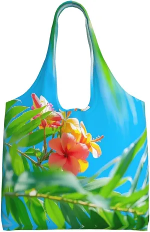 Tropical Summer Hawaiian Flower Palm Leaves Print Ladies' Single Shoulder Canvas Handbag,Sturdy Cotton Handbag With Patterned Shoulder Bag