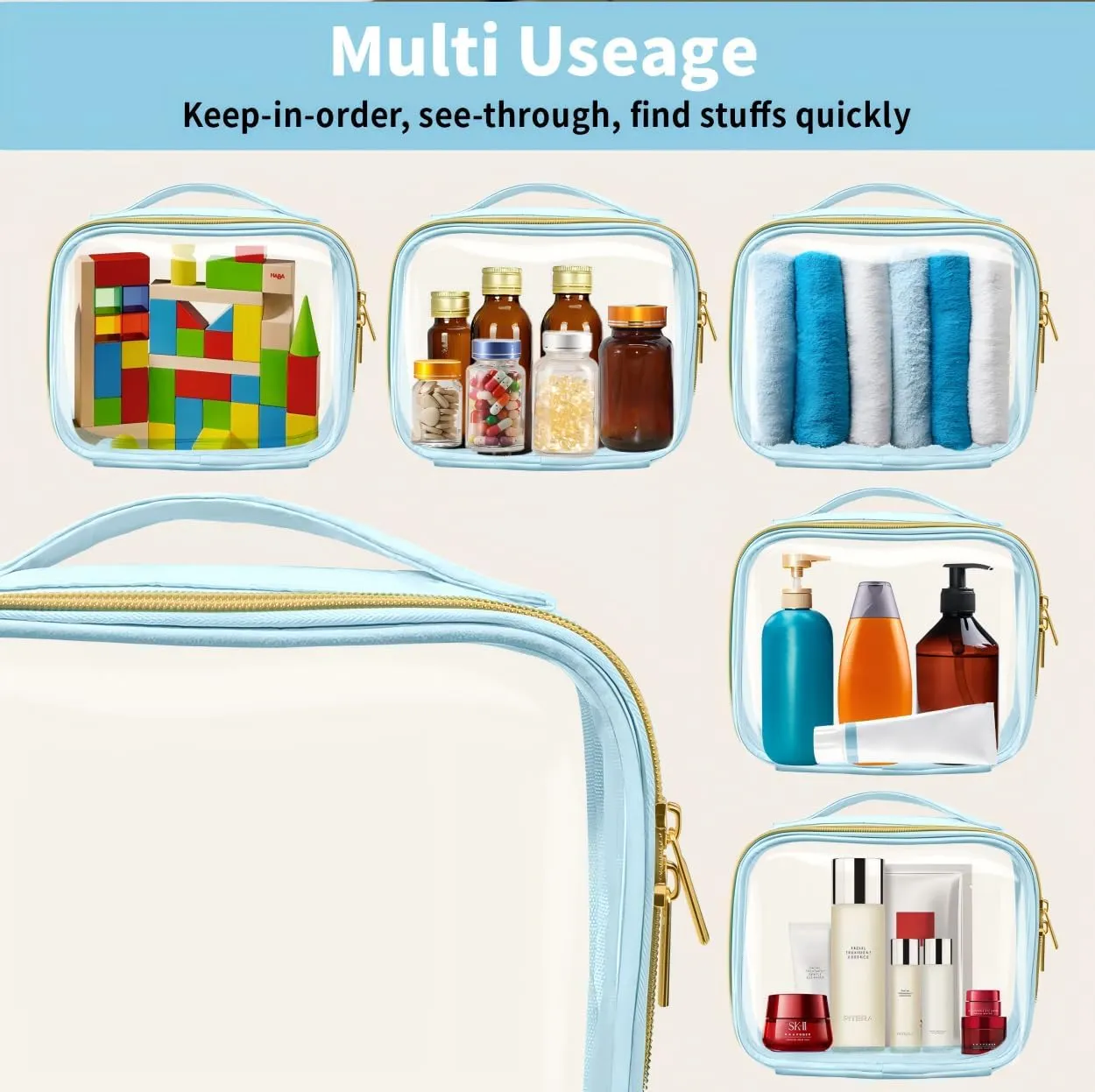 TSA Approved Travel Toiletry Bag,3 Pack Clear Makeup Bags with Handles,Quart Size Clear Cosmetic Bags for Traveling Women,Men,Carry on Airport Airline Compliant Bag,Blue