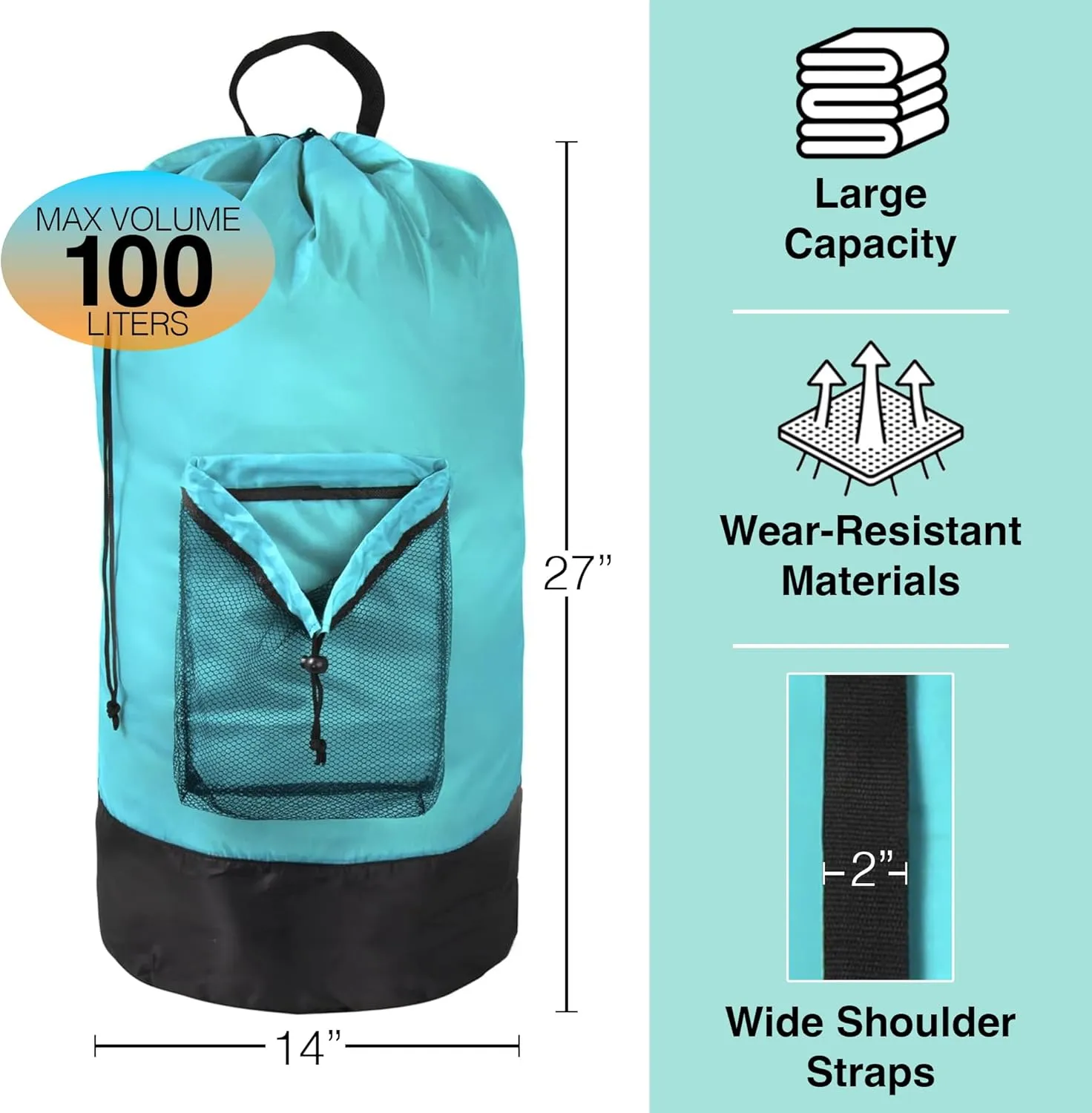 Turquoise Laundry Backpack with Mesh Pocket, Adjustable Straps and Drawstring Closure - Large Portable Hamper for College, Apartment and Laundromat