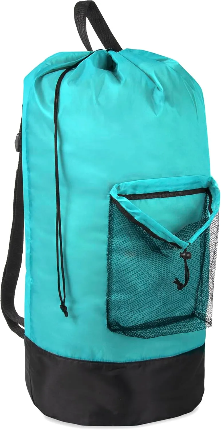 Turquoise Laundry Backpack with Mesh Pocket, Adjustable Straps and Drawstring Closure - Large Portable Hamper for College, Apartment and Laundromat