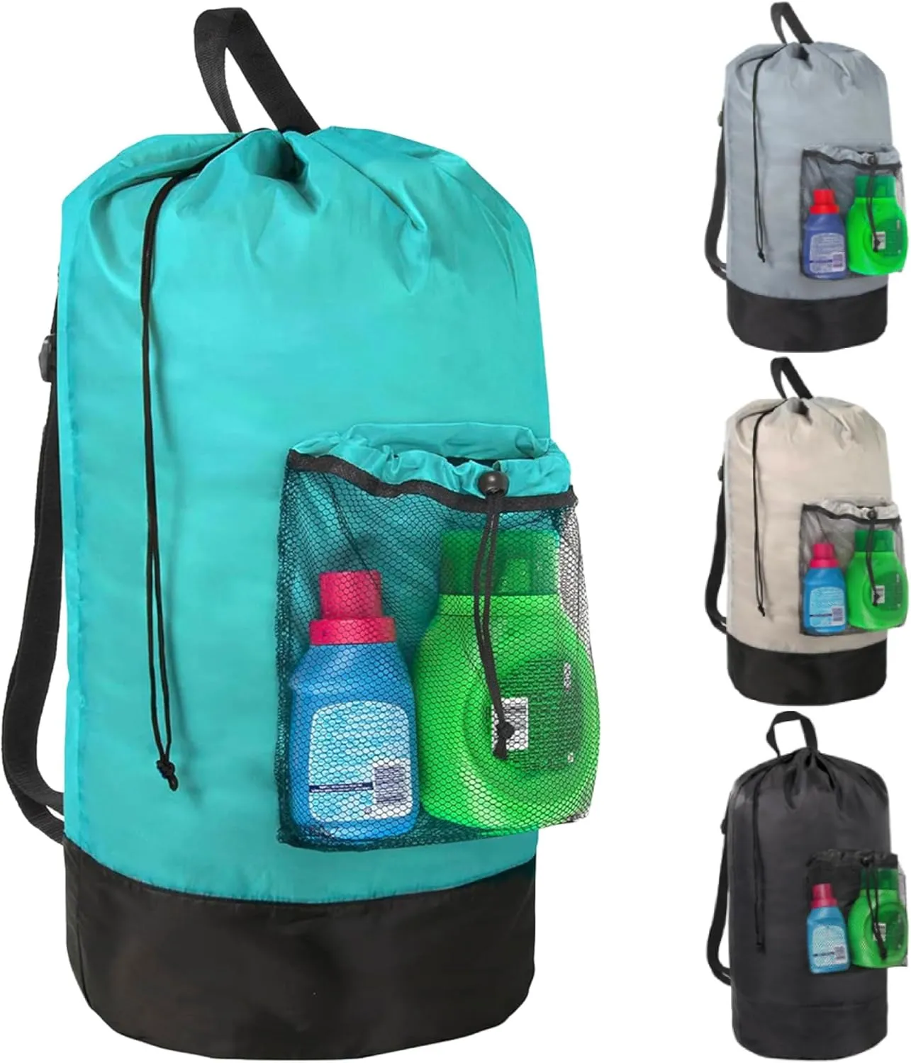 Turquoise Laundry Backpack with Mesh Pocket, Adjustable Straps and Drawstring Closure - Large Portable Hamper for College, Apartment and Laundromat