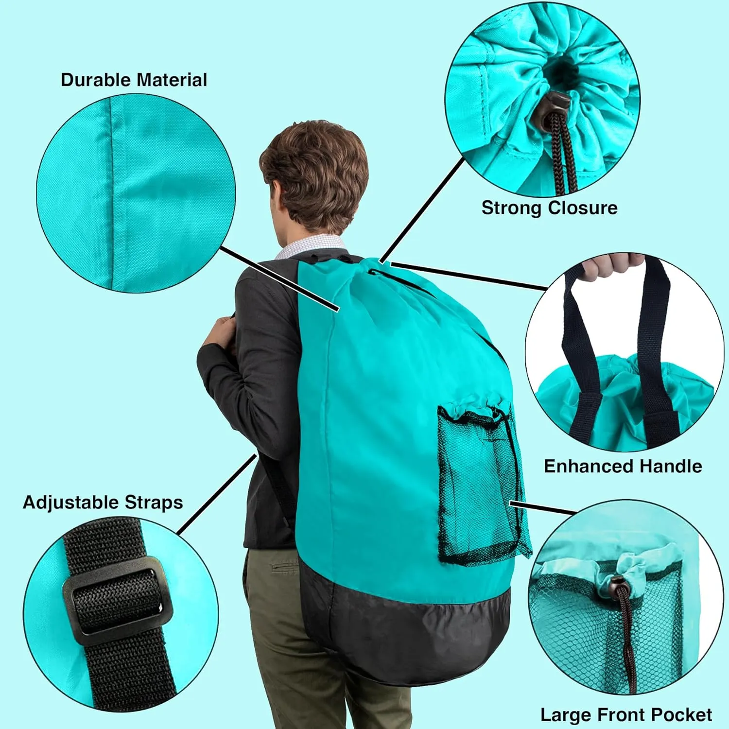 Turquoise Laundry Backpack with Mesh Pocket, Adjustable Straps and Drawstring Closure - Large Portable Hamper for College, Apartment and Laundromat