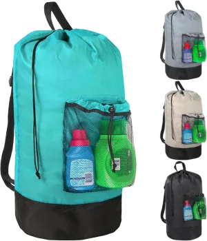 Turquoise Laundry Backpack with Mesh Pocket, Adjustable Straps and Drawstring Closure - Large Portable Hamper for College, Apartment and Laundromat