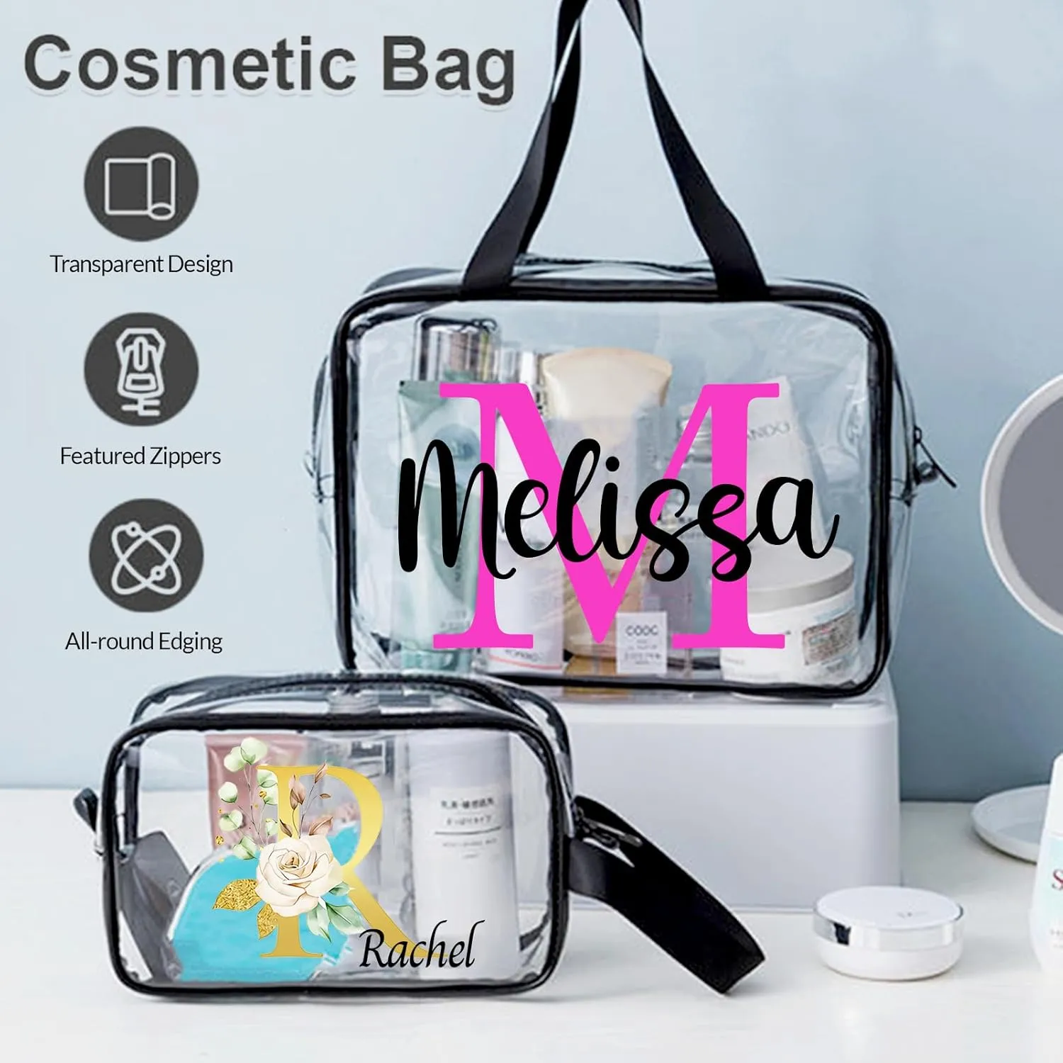 ubjva Personalized Makeup Bag Custom Clear Toiletry Bag for Women Name Monogrammed Cosmetic Pouch with Handle for Travel Wedding Birthday Gift-Monogrammed Template-S