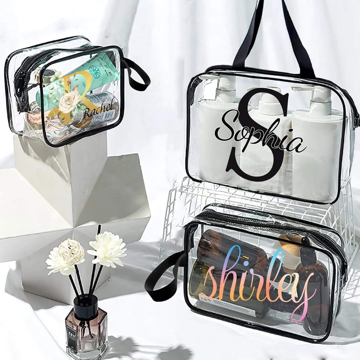 ubjva Personalized Makeup Bag Custom Clear Toiletry Bag for Women Name Monogrammed Cosmetic Pouch with Handle for Travel Wedding Birthday Gift-Monogrammed Template-S