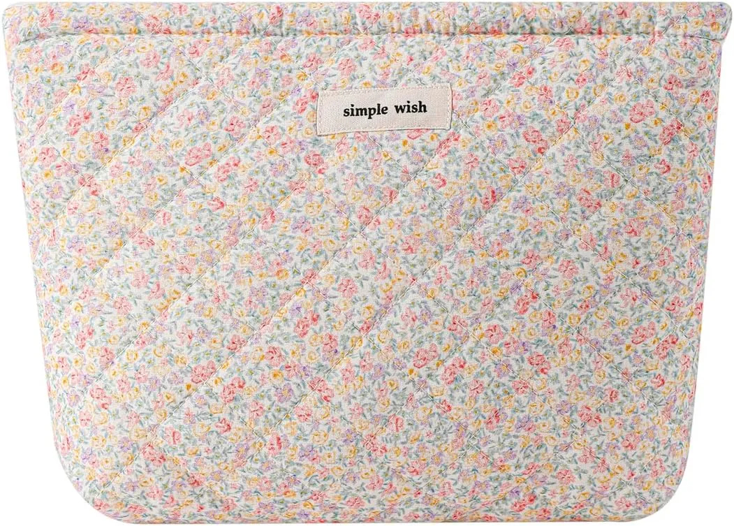 uekeboag Quilted Floral Cotton Makeup Pouch,Coquette Quilted Cosmetic Bag for Women and Girls, Aesthetic Organizer Bag, Flower Cute Travel Toiletry Bags(09 Purple and Pink)