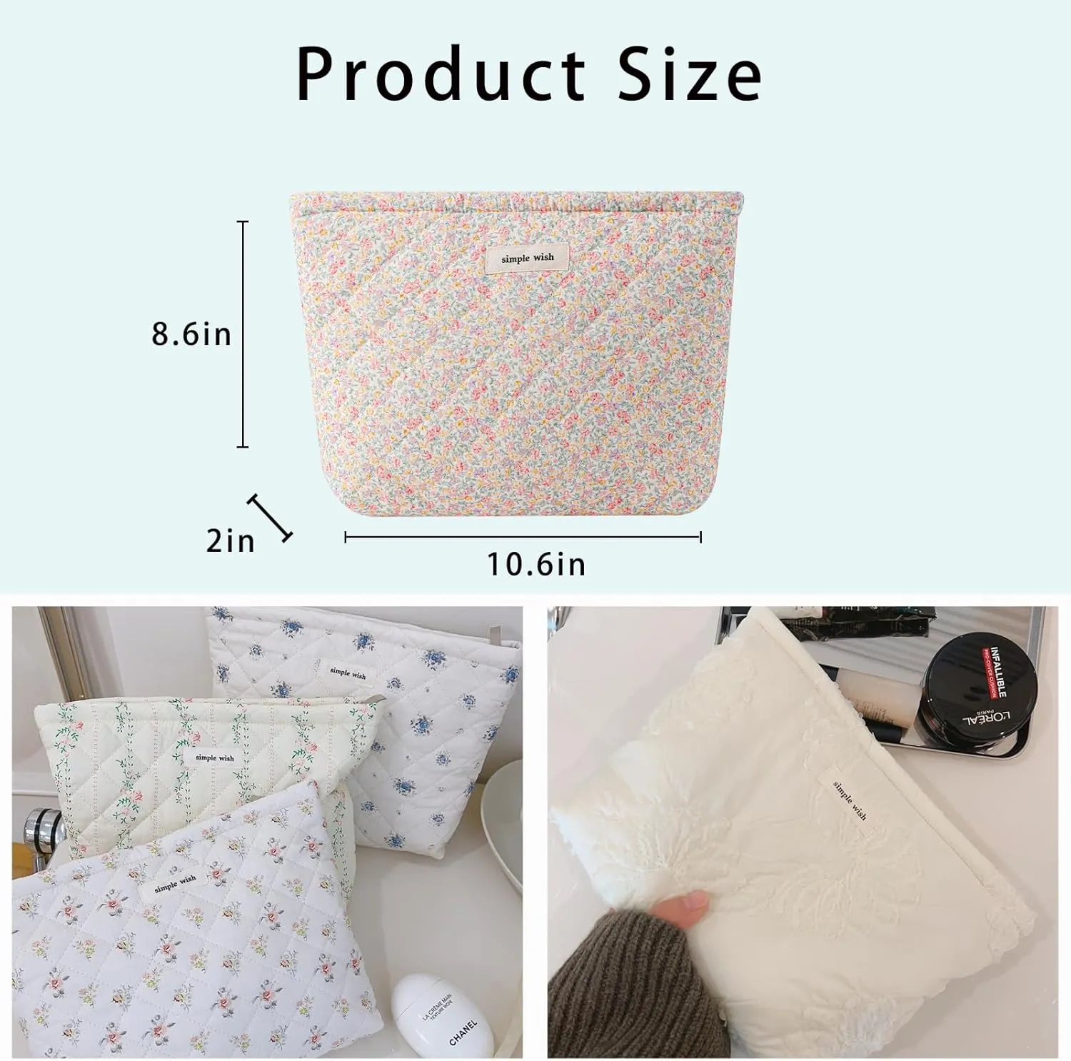 uekeboag Quilted Floral Cotton Makeup Pouch,Coquette Quilted Cosmetic Bag for Women and Girls, Aesthetic Organizer Bag, Flower Cute Travel Toiletry Bags(09 Purple and Pink)