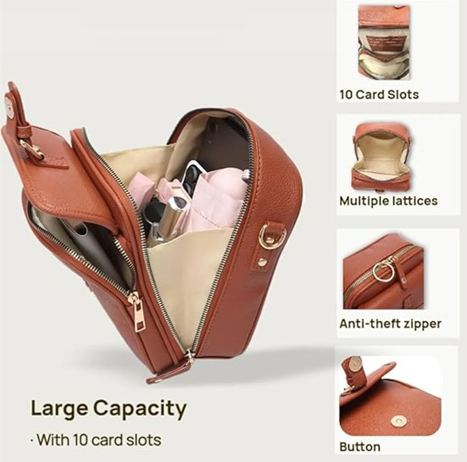 Urvashi Women's Anti-Theft Vintage Crossbody Bag-Large Capacity Leather Purse with 10 Card Slots & Lockable Zipper